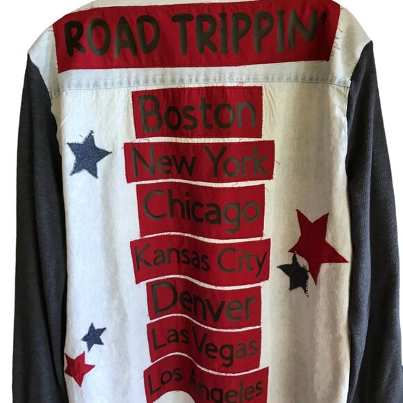 Upcycled Denim Road Trip Shirt: Patchwork Stars, Waffle Knit Sleeves (Unisex XL) - Picture 9 of 12